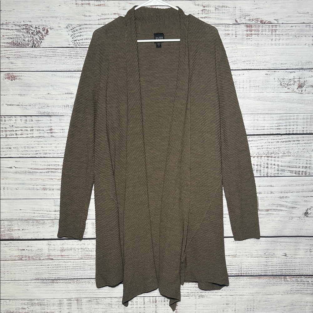 Eileen Fisher Washable 100% Wool Brown Diagonal Open Cardigan Size Large